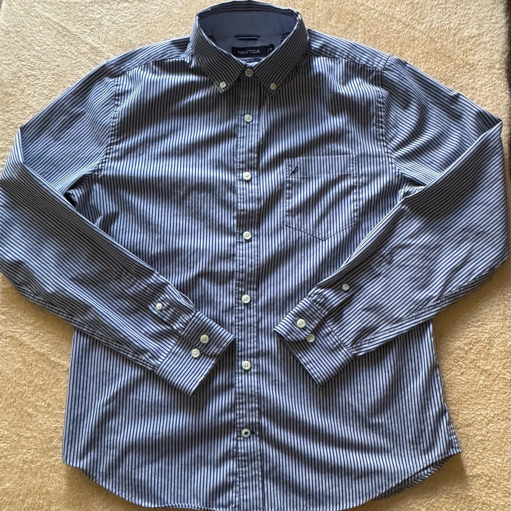 Nautica Men's Navy and Grey Striped Button Down Shirt